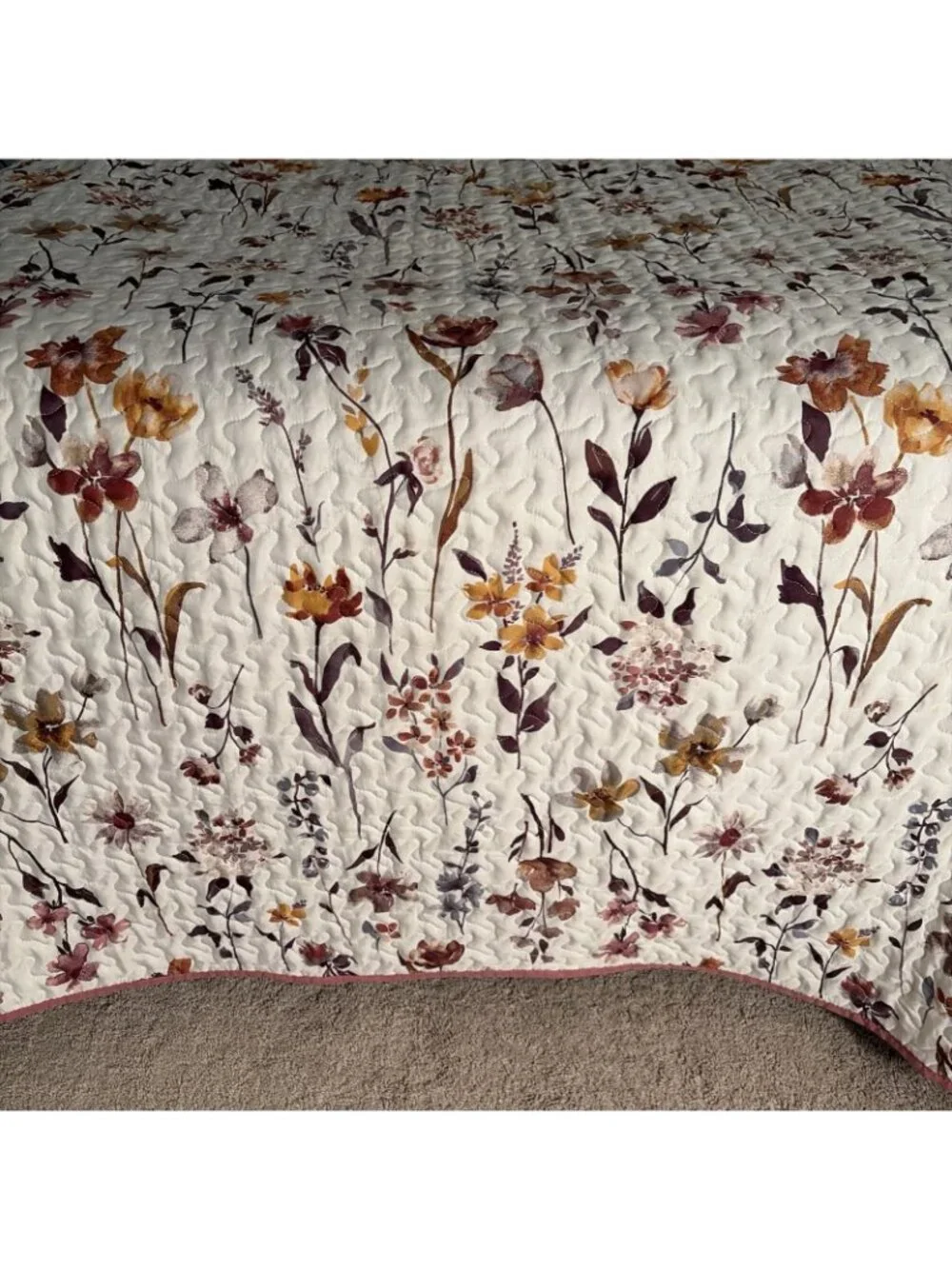 Vintage Quilted Bedspread W/ 2 Standard Shams Full Size Multicolor Floral Retro